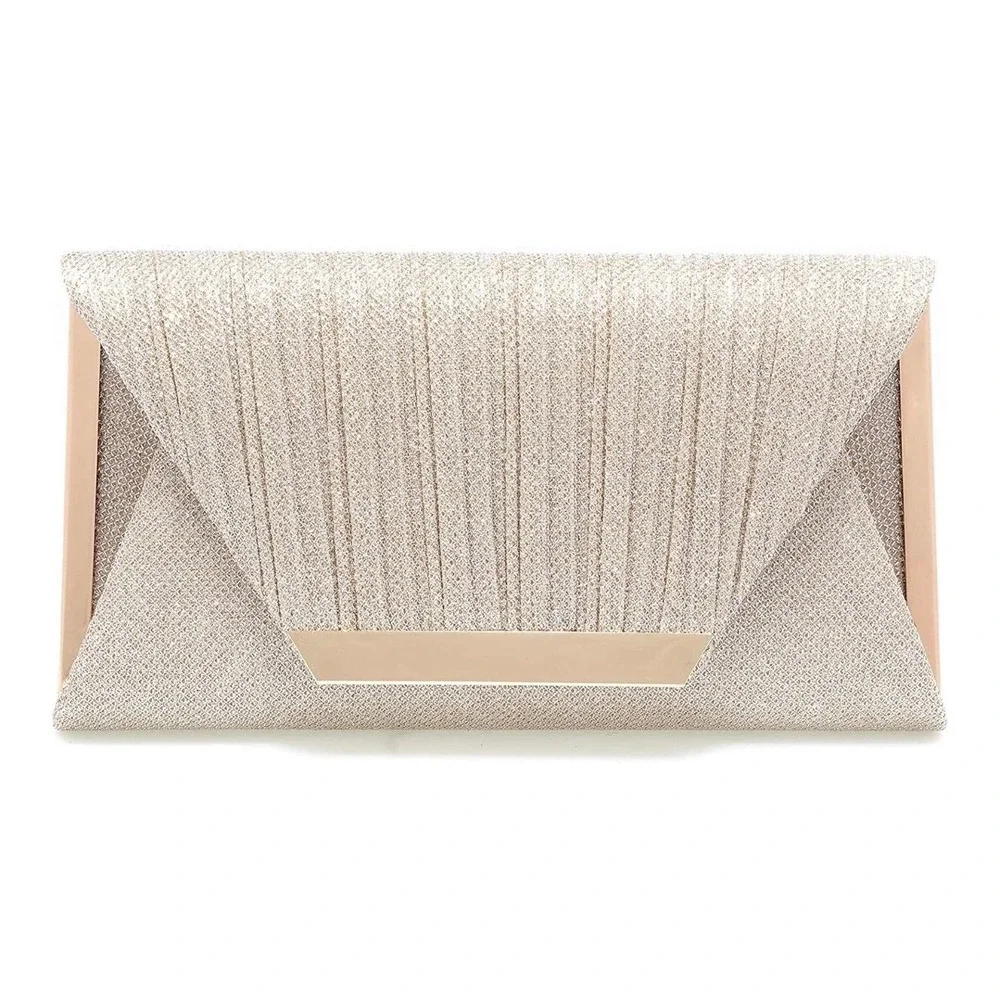 Evening Blingy Clutch Champagne Gold Pleated Glitter Mesh | Chain for Shoulder